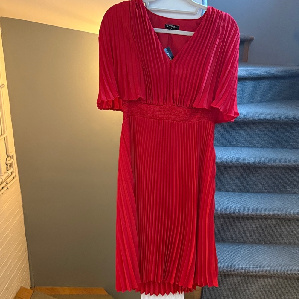 Vibrant Express Red Pleated Midi Dress - WITH TAGS NEVER WORN